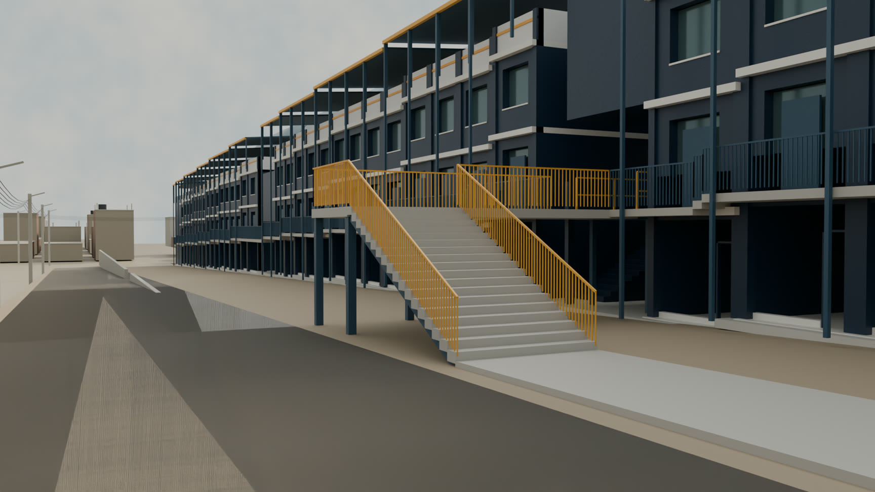 Proyección arquitectónica de las tiendas del Mercado Media Luna vistas desde la calle