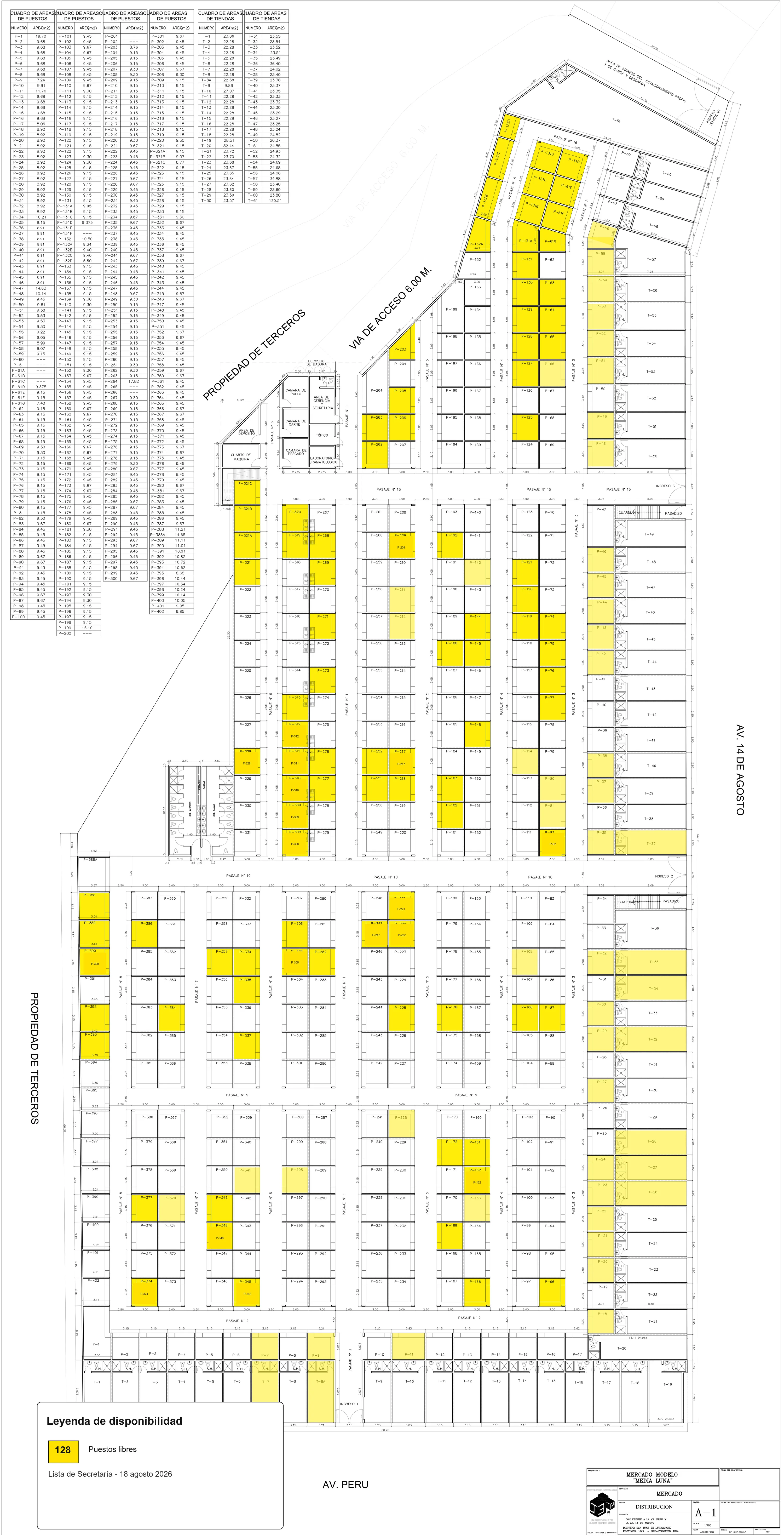 Plano de distribución del Mercado Media Luna con los puestos libres marcados en amarillo