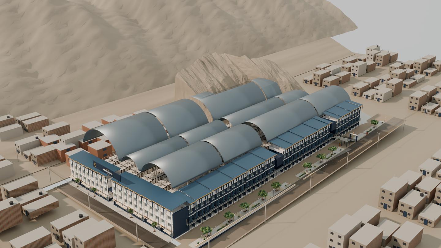 Proyección arquitectónica del Mercado Media Luna completo, con las naves techadas y las tiendas sobre las dos avenidas