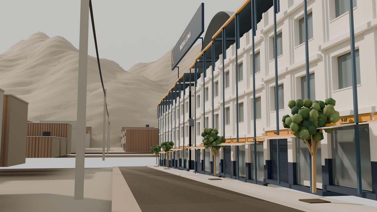 Proyección arquitectónica de las tiendas del Mercado Media Luna con frente a la avenida