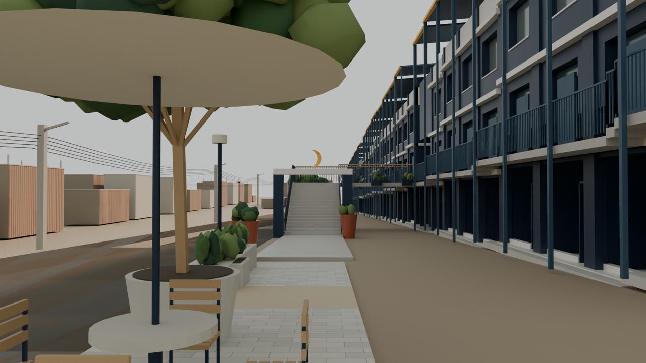 Proyección arquitectónica de la vereda con árboles y bancas frente a las tiendas del Mercado Media Luna